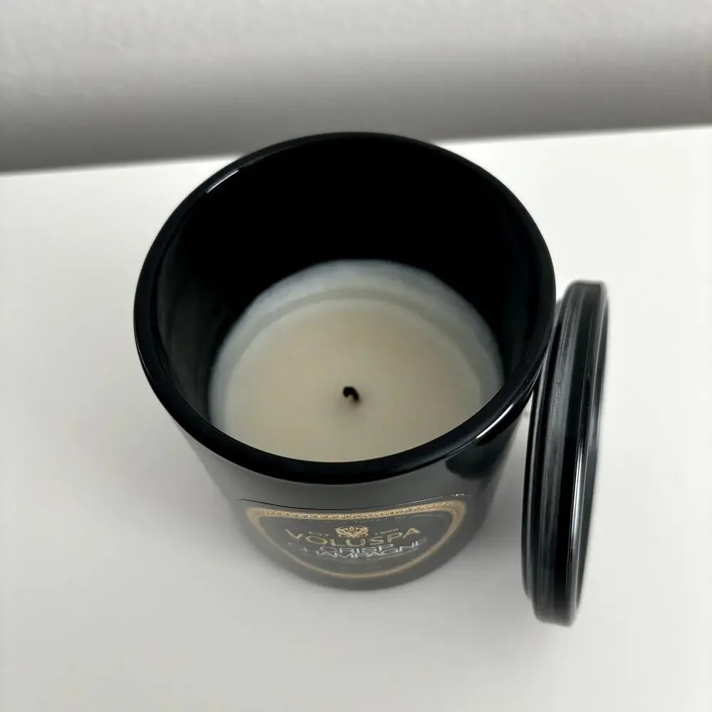 Used Voluspa Crisp Champagne Classic Candle w/ Lid Black Glass Cocowax 9.5oz